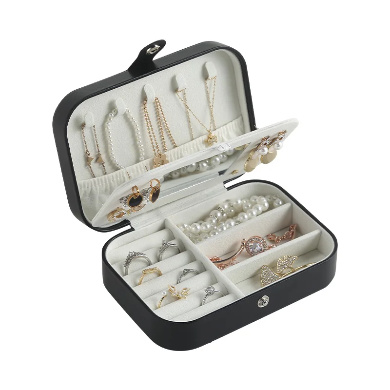 

Custom Logo PU Leather Travel Jewellery Box With Mirror Black Earring Ring Necklace Jewelry Case Organizer Storage Gift Boxes