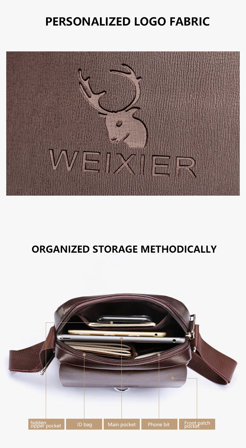 WEIXIER 8643 Brand New Fashion PU Leather Men Messenger Bags Casual Men's Shoulder Bag Zipper Crossbody Business Male Handbag