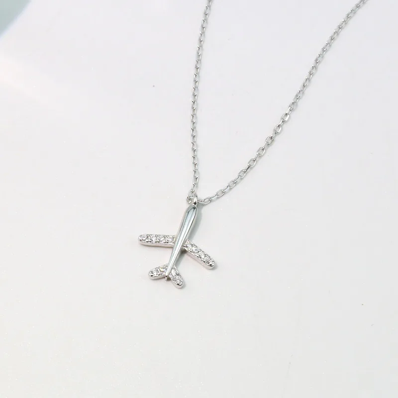 

Fashion Creative Design White Gold Plating 925 Airplane Pendant Necklace Shining 925 Sterling Silver Cubic Zircon Plane Necklace