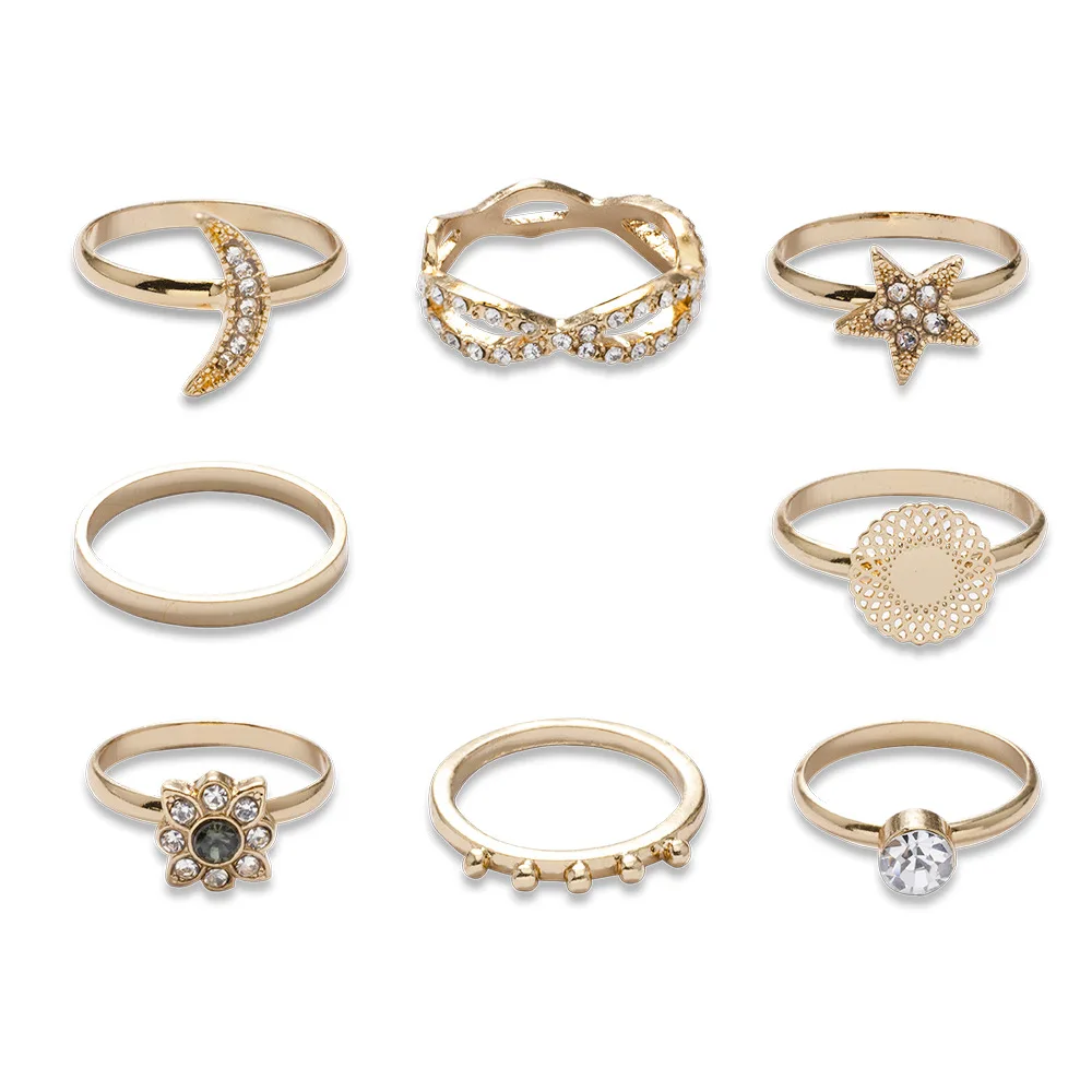 

Wholesale 8 pieces per set Gold Color Diamond Moon and star finger Rings for woman