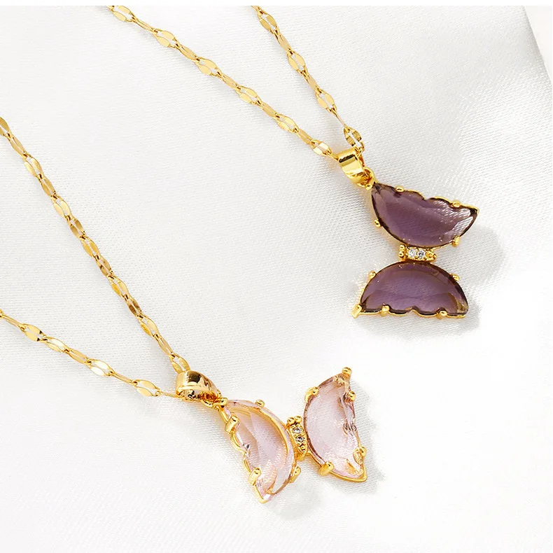 

2020 Korean Bling Women Rhinestone Choker 18k Gold Plated Stainless Steel Butterfly Crystals Pendant Necklace, Could be customized