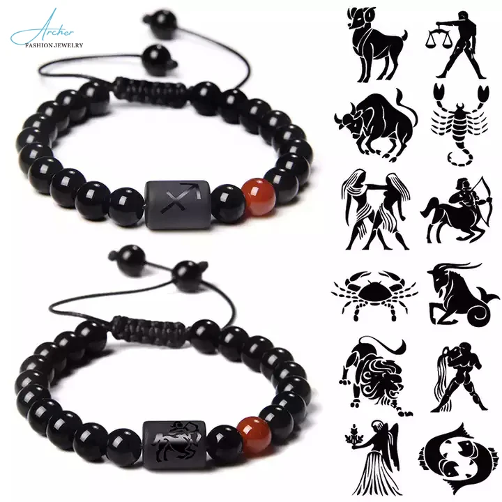 

Adjustable Braided Rope 12 Horoscope Zodiac Sign Beads Couple Bracelet Black Glossy Stone Charm Bracelet for men women birthday