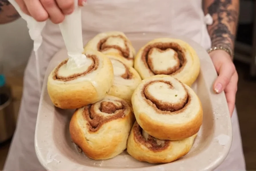 Perfectly baked cinnamon rolls with gooey filling, golden brown exterior, and cream cheese frosting drizzle on rustic wooden board