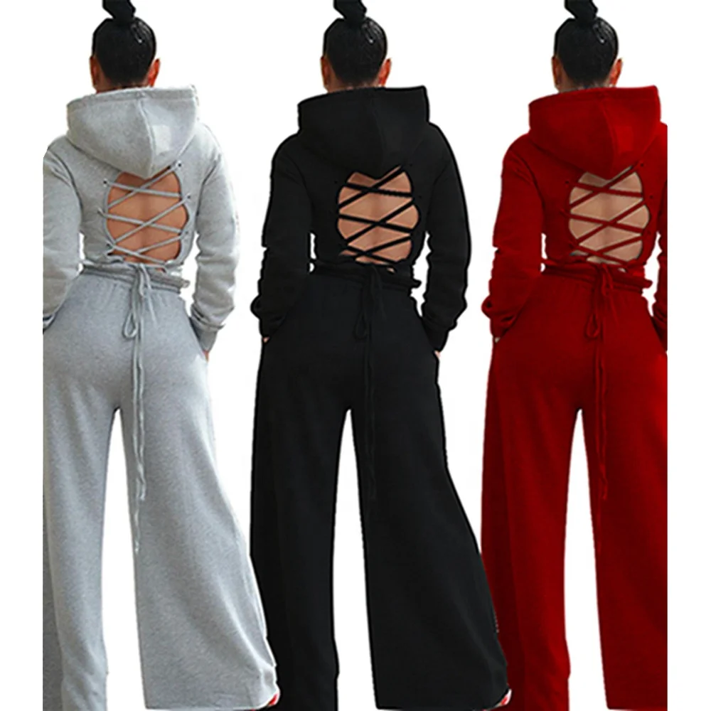 

Hoodies Bandage Lace up Top Sweatshirt and Pants