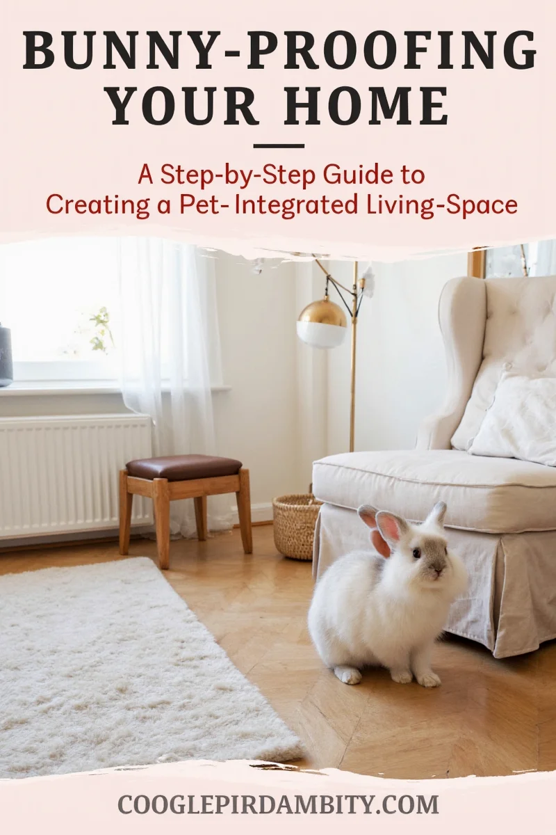 Finished bunny-friendly living space with coordinated decor, protected furniture, and a happy bunny napping in the sun.