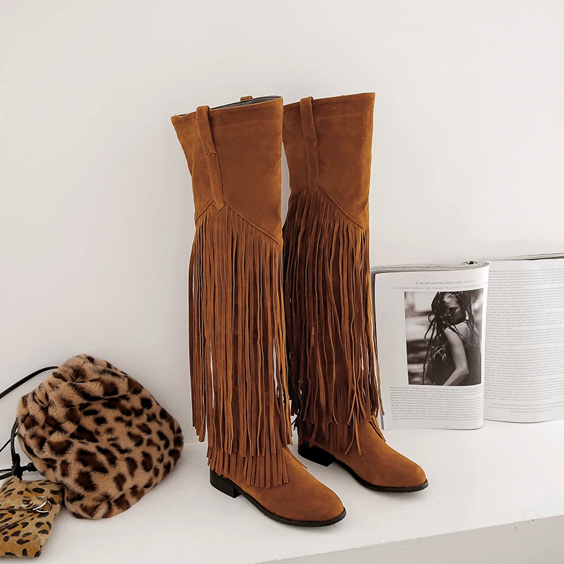 

High Fashion Tassel Fringed Thigh High Low Heel Boots Warm Winter Boots, Black/yellow/apricot
