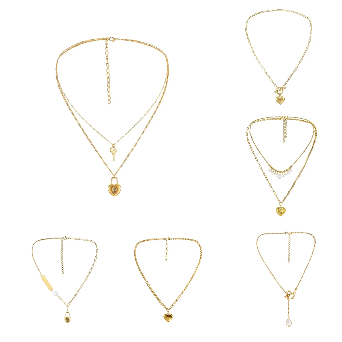 

Sample Available Gold Plated Women Choker CZ Layer Best Friends Love Pearl Stainless Steel Pendant Heart Necklace Chain