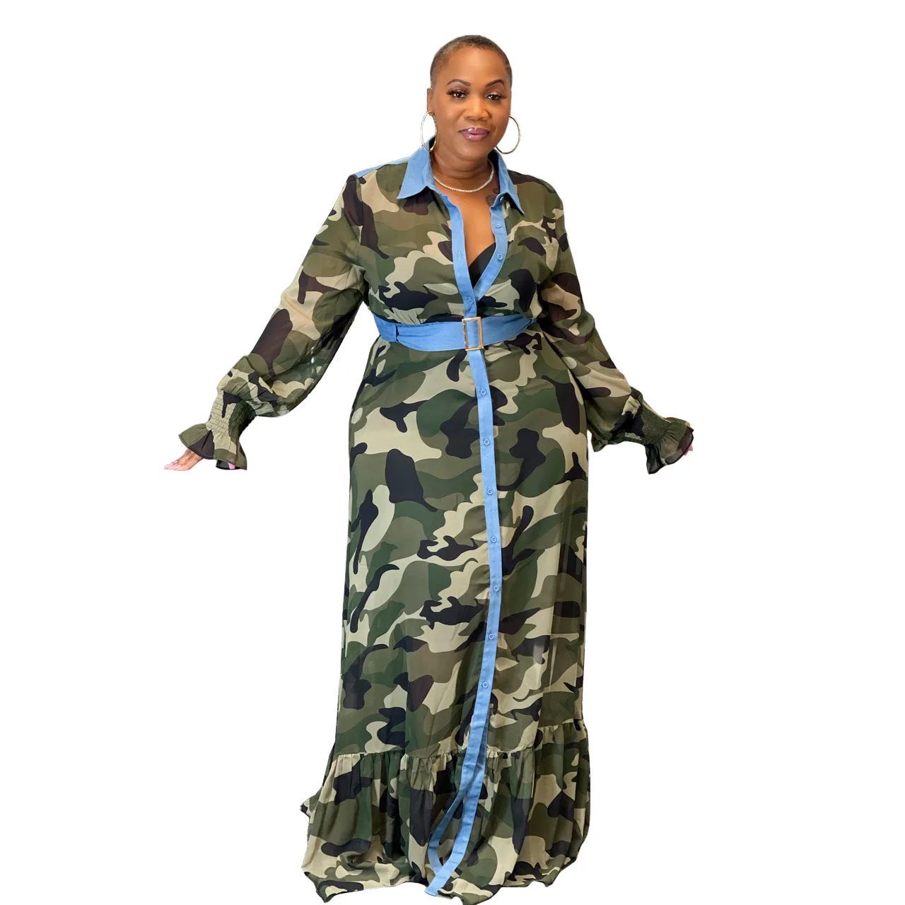 

2021 Wholesale Fall Camouflage flared sleeves long sleeve Loose Dresses Women Clothing Plus Size Dress