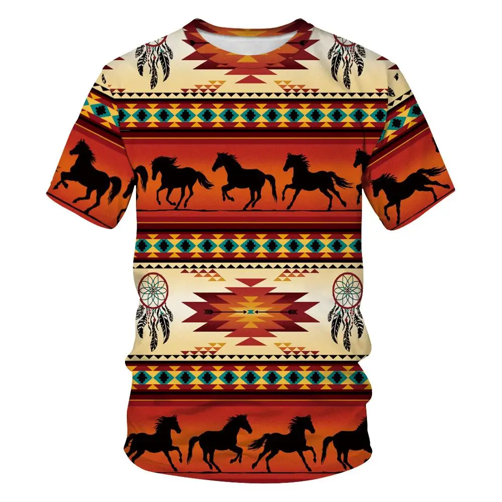 

Personalized 3D digital print round-neck short-sleeved couple's T-shirt with running horse pattern design and it's customizable