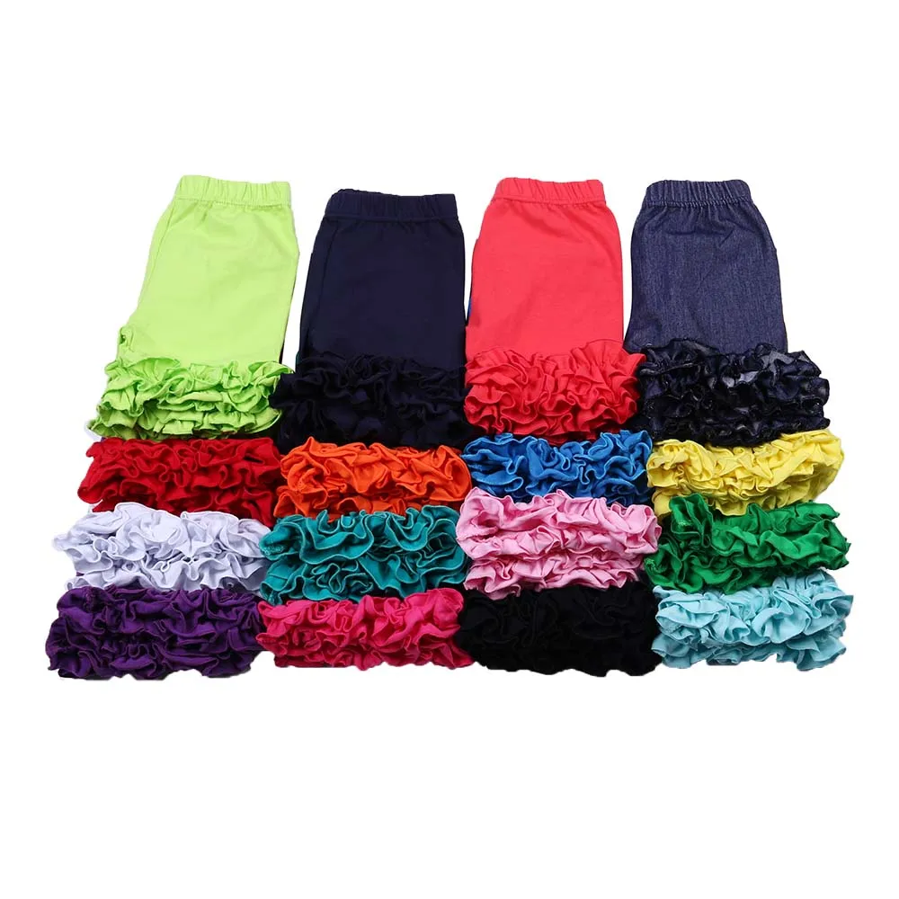 

2021 stock RTS summer little girls 100% cotton solid color icing ruffle plain casual shorts