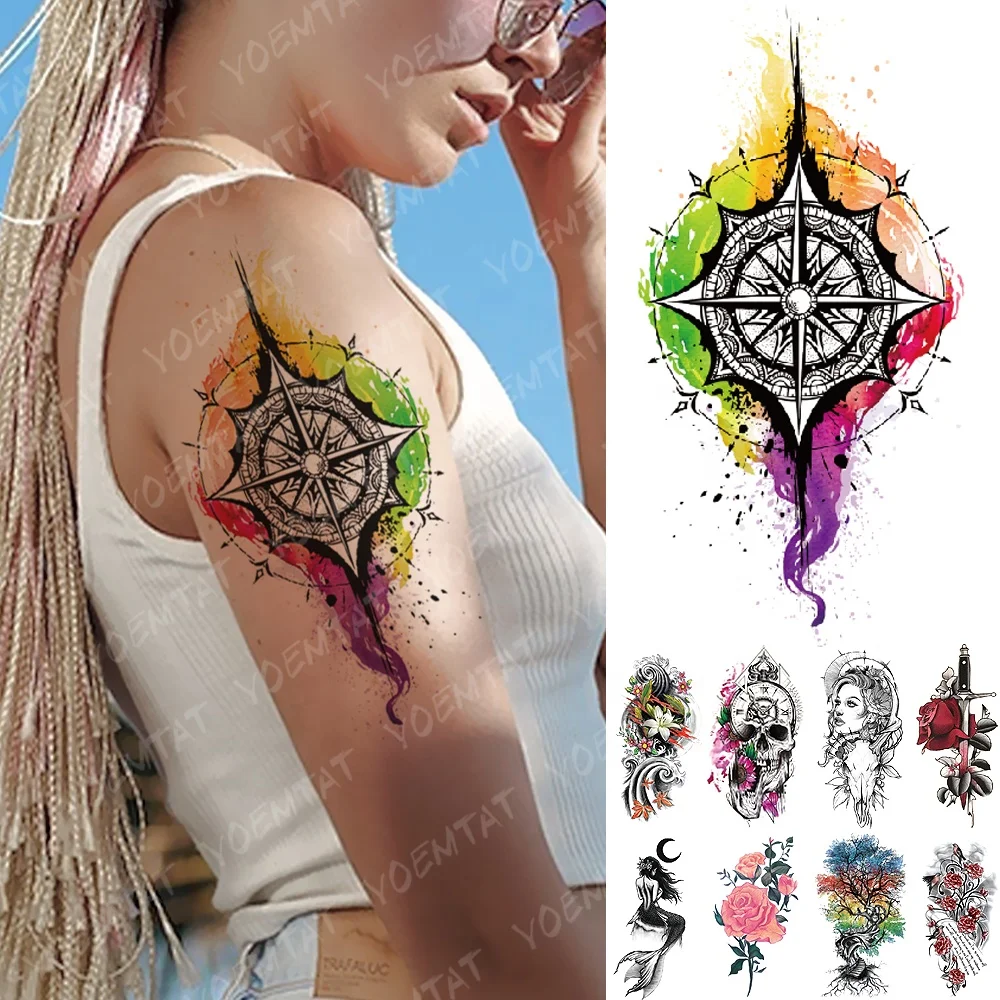 

Popular rainbow compass flower sexy lasting temporary tattoos sticker, Cmyk