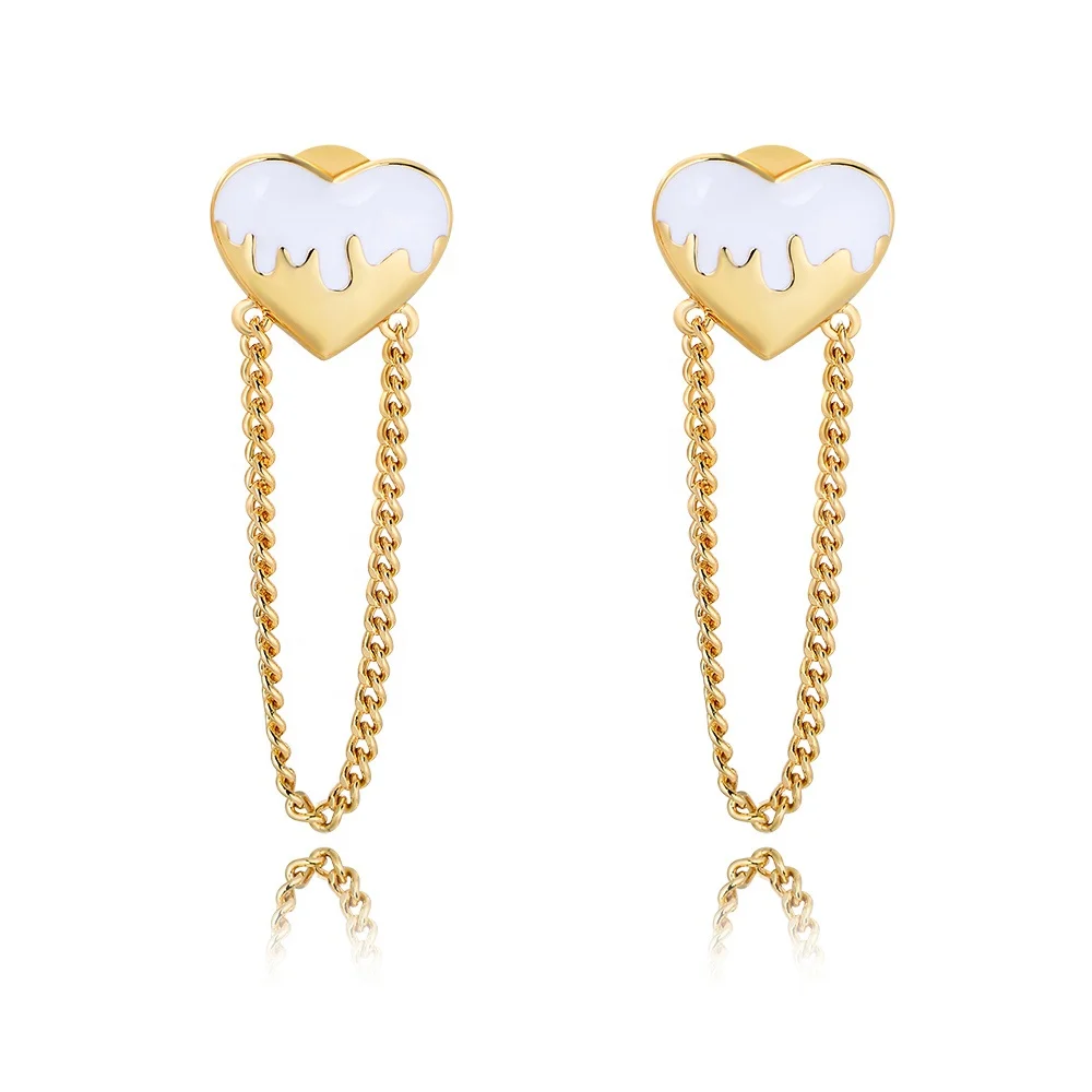 

personalized Statement enamel ECG heart psj brass 18k gold plated long tassel chian Drop Earrings for women girls