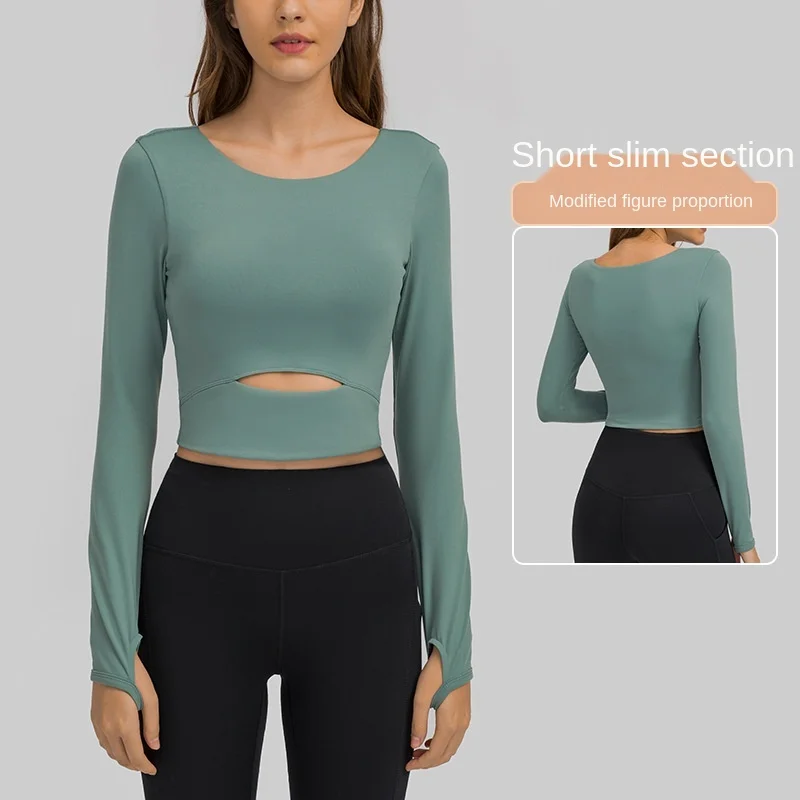

Front Hollow Out Long Sleeves Workout Top With Pads Compression Breathable Workout Tops Comfortable With Finger Hole Sports Tops