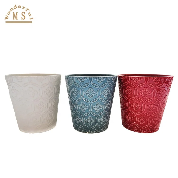 Hot Sale handmade home decor  ceramic orchid flower pot embossed relief texture pottery planter small size for garden flower