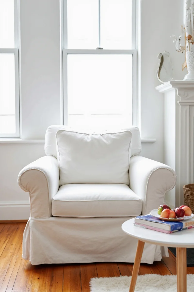 Family room styled with IKEA slipcover chairs and toys stored away