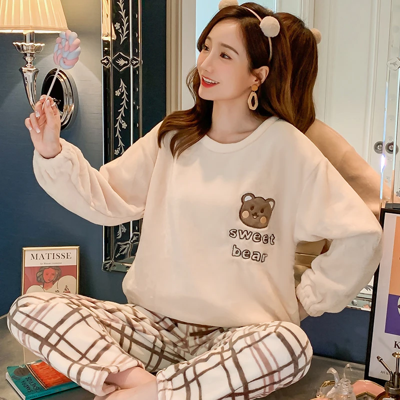 

Casual 2 Piece Flannel Pajama nightwear set Long Sleeve Top & Pants sleepwear winter pajamas women polar fleece