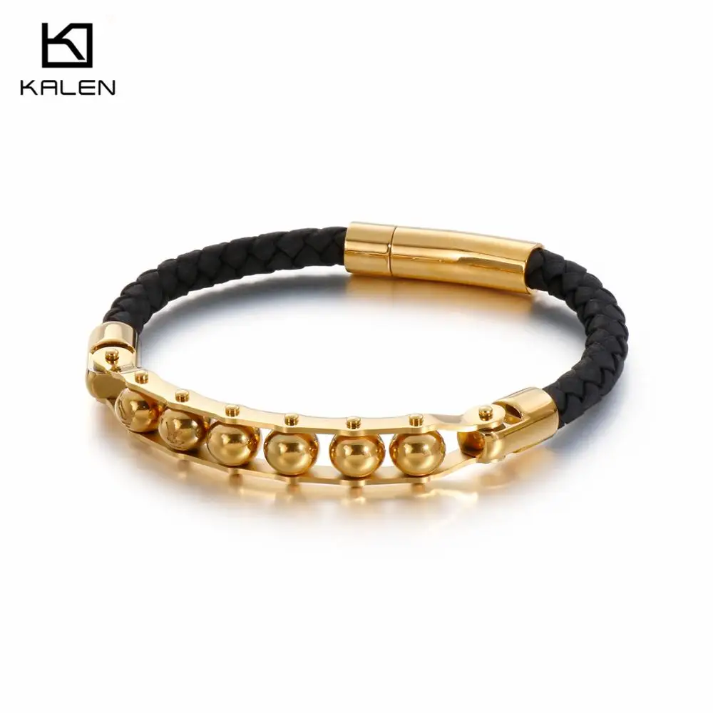 

KALEN Punk Personalized Men Cowhide Leather Bangles Gold Plated Titanium Stainless Steel Bead Bracelets