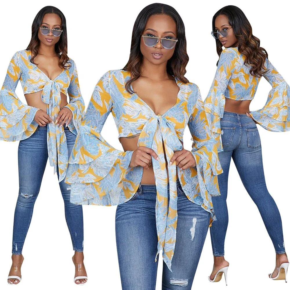 

B52374A Europe lady hot sale fashion lantern sleeve printed short blouse, Shown