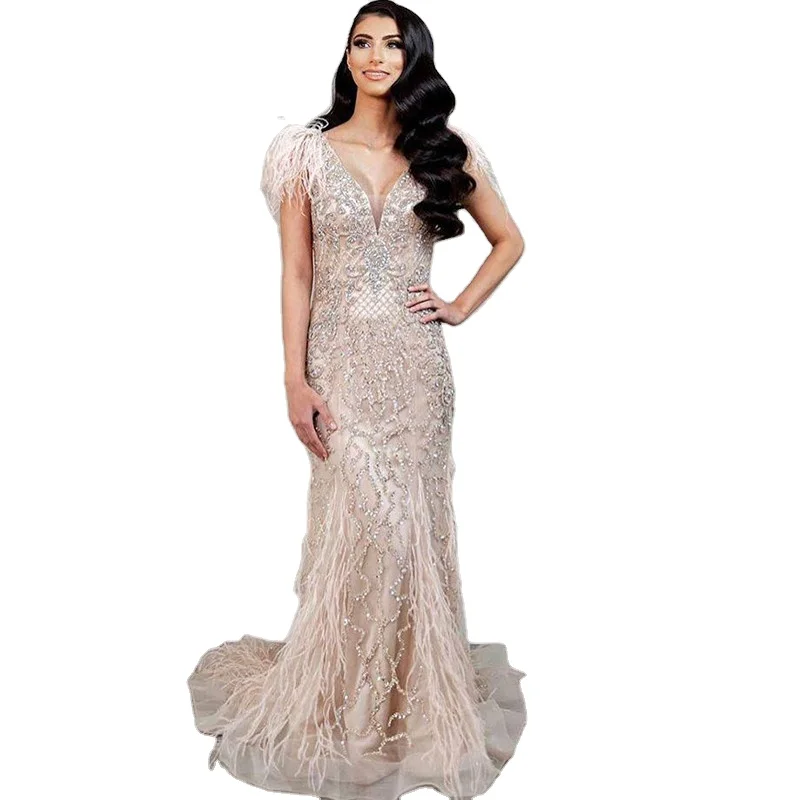 

Champagne V Neck Sleeveless Sexy Luxury Mermaid Evening Dresses Serene Hill LA70350 Women 2021 Beaded Party Gowns With Feathers