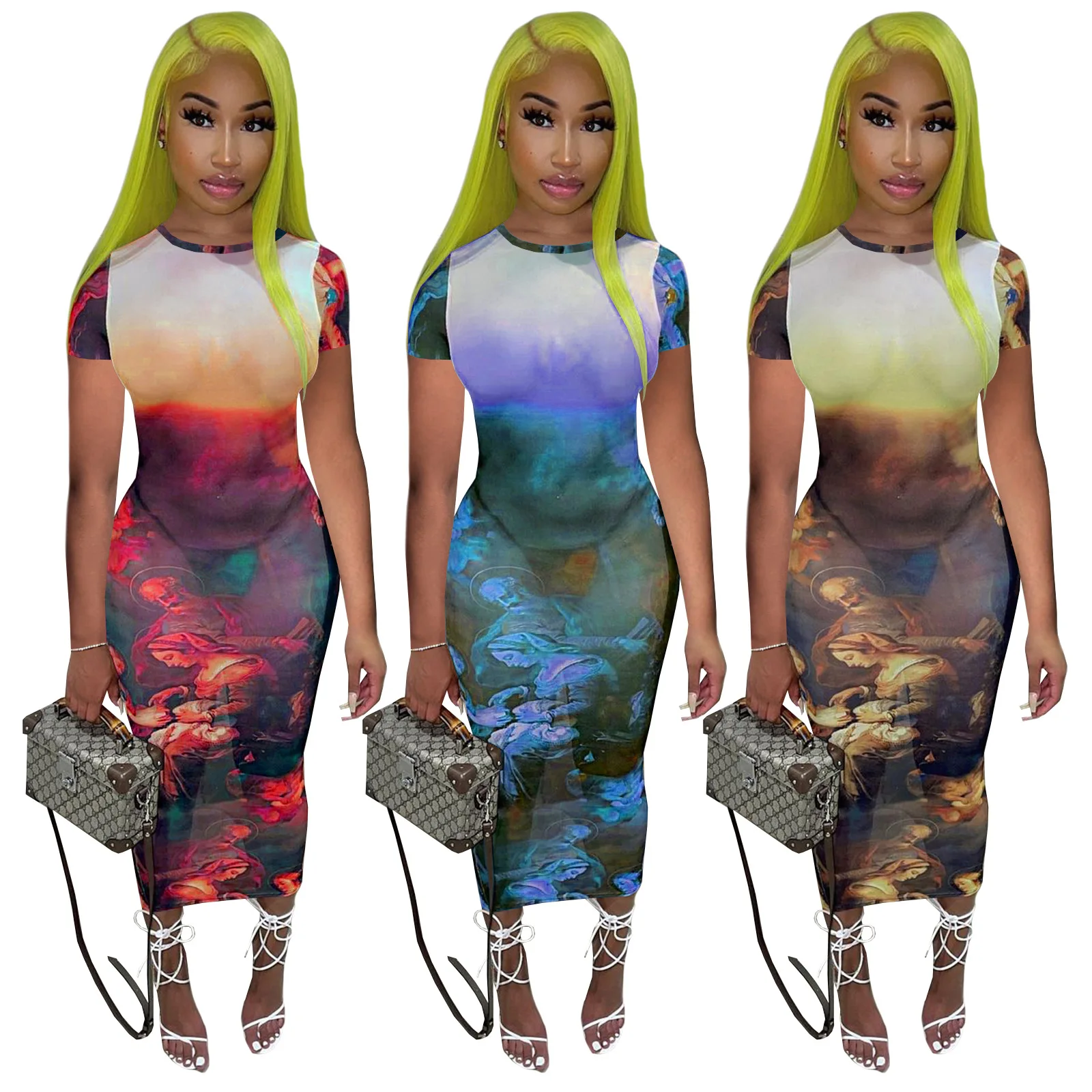 

DUODUOCOLOR Summer 2021 see through gauze round neck long skirt printed short sleeve sexy club dress D10621