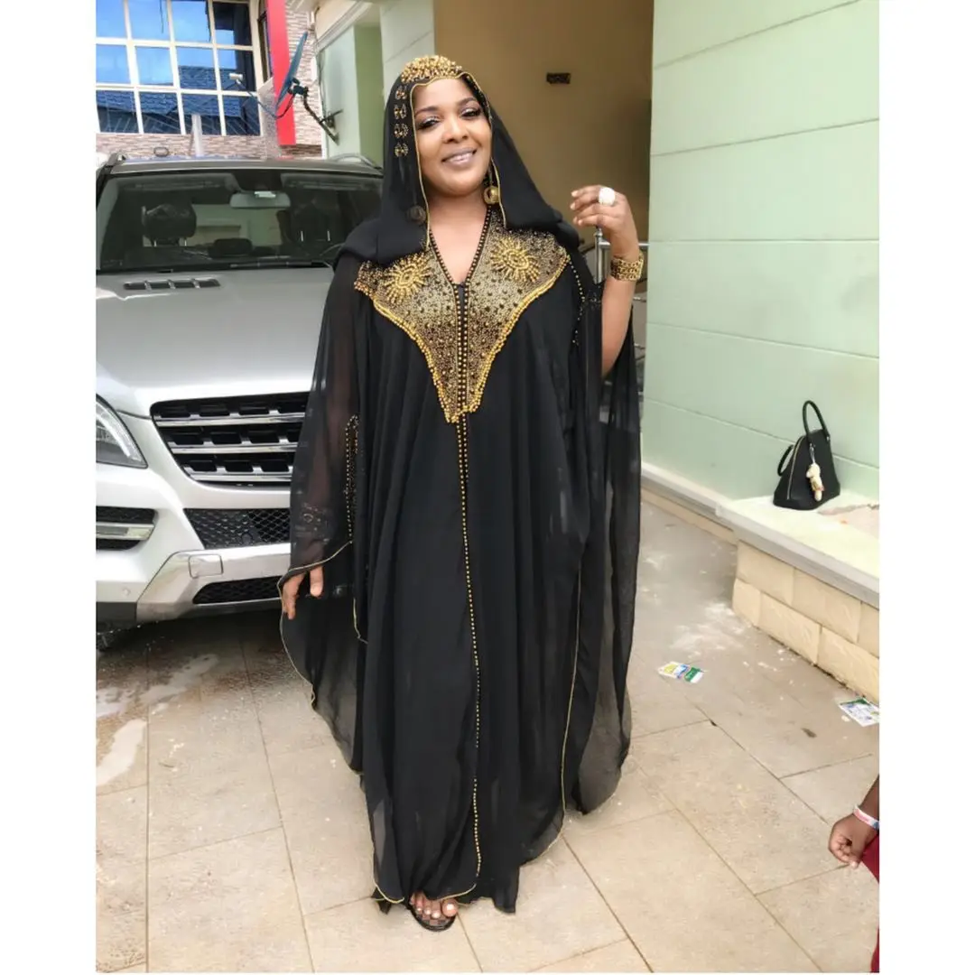 

African women's Muslim style clothing plus size chiffon hooded skirt with black elastic suspenders
