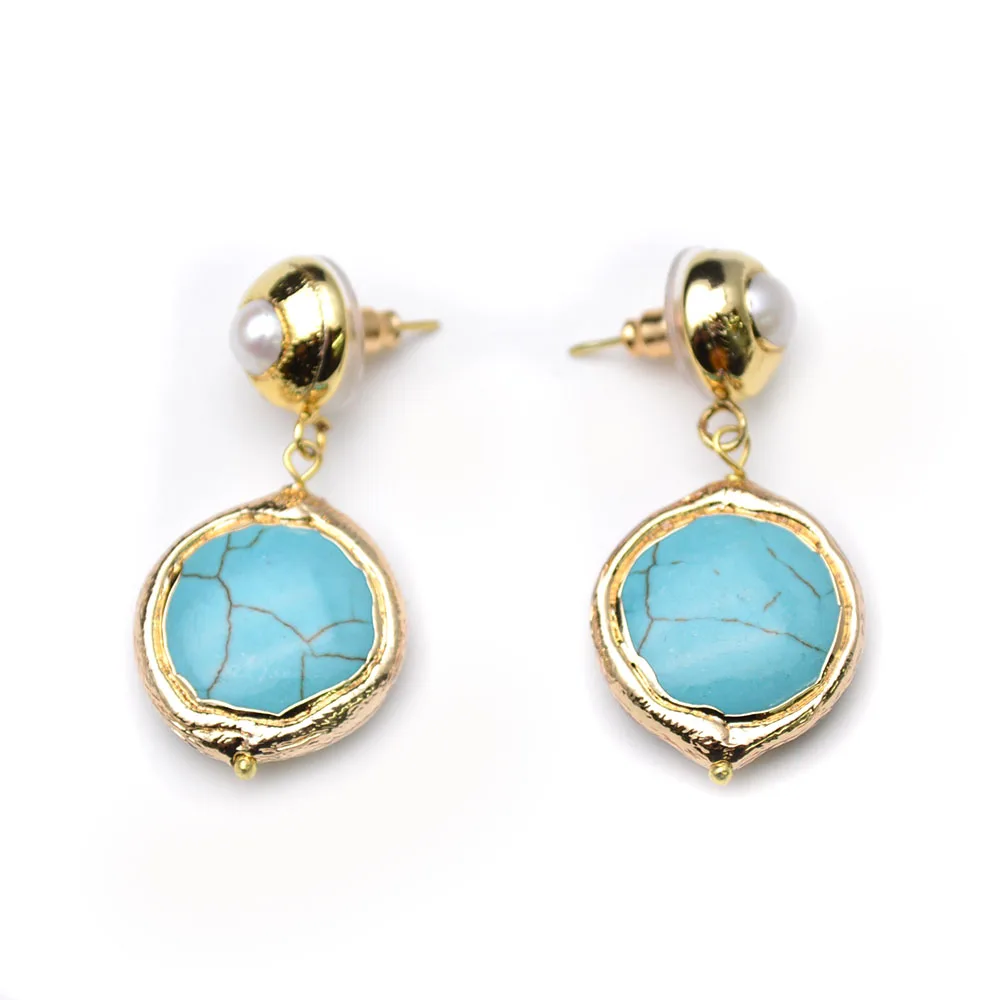 

Gold plated Blue Howlite Turquoise and White Pearl Beads Dangle Earrings Fashion Woman Jewelry