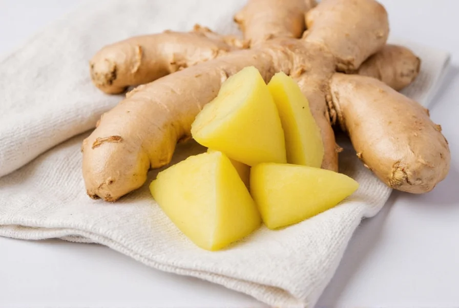 Fresh ginger root stored in airtight container in refrigerator crisper drawer with paper towel wrapping