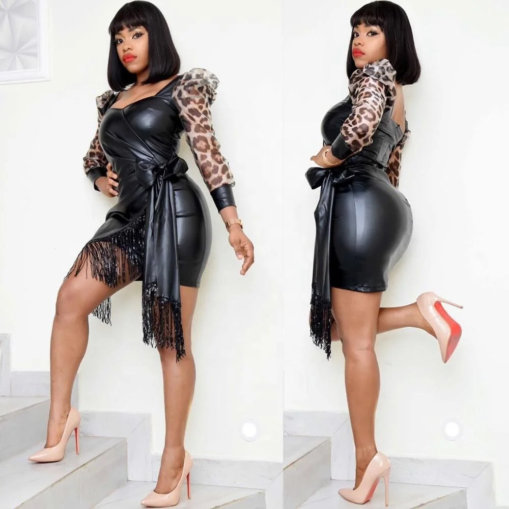 

B34628A 2019 Winter new design sexy lady low back tassel PU bandage dress, Shown