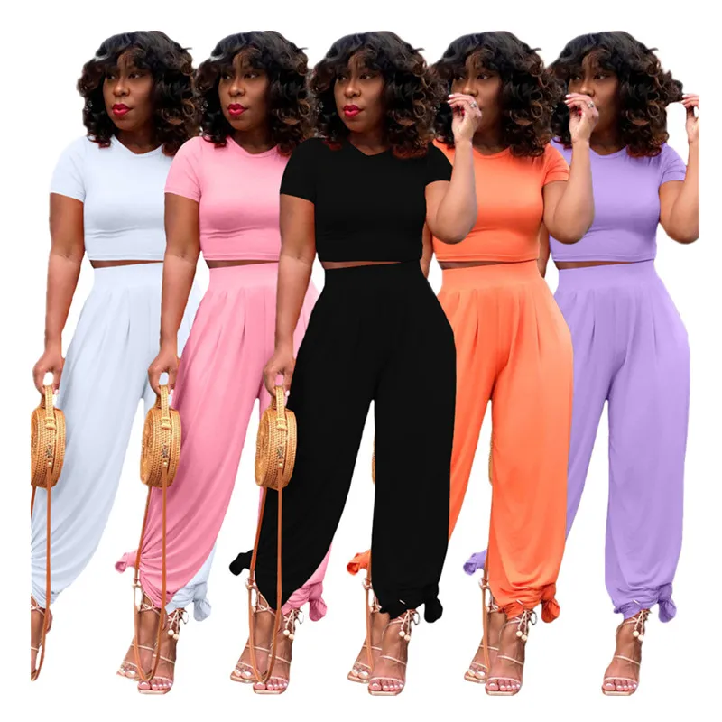 

Plus Size Solid Color Casual Flare Pants suit Short Sleeve Crop Top Two Piece Wide Leg Pants Set Sexy Summer Outfits for Women
