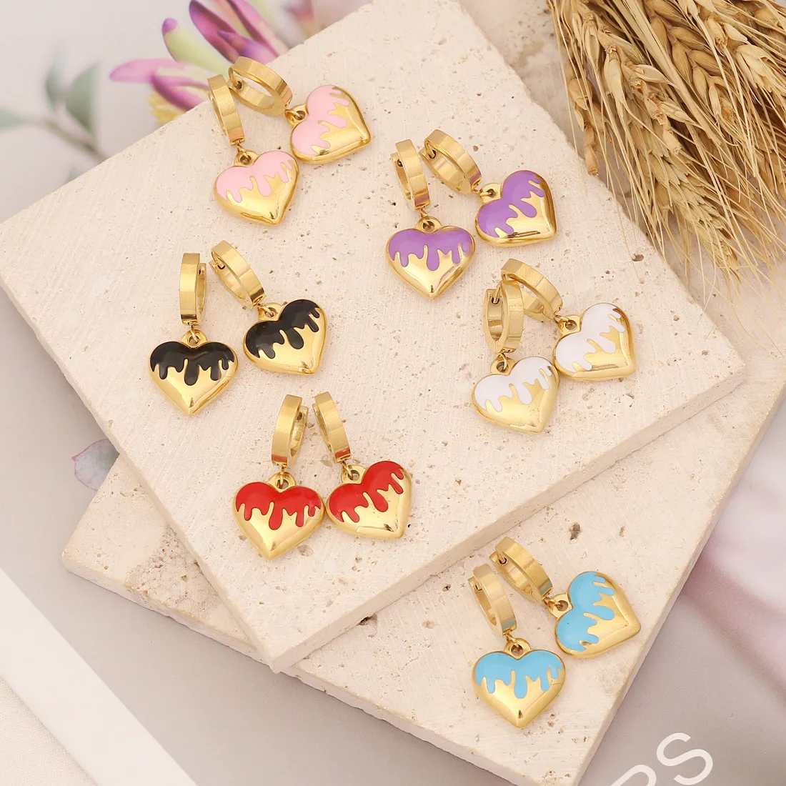 

Vintage Personality Gold Plated Stainless Steel Enamel Heart Pendant Drop Earrings For Women Temperament Jewelry Wholesale