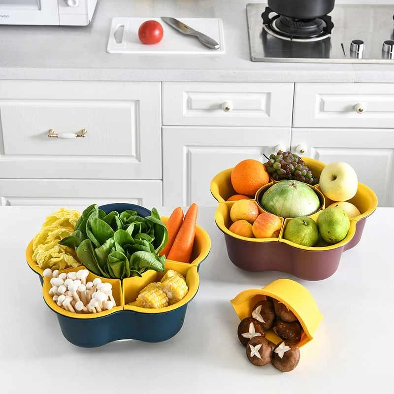 

Hot Pot Platter Drain Basket Multi Functional Double Layer Rotating Plastic Vegetable Washing Storage Basket