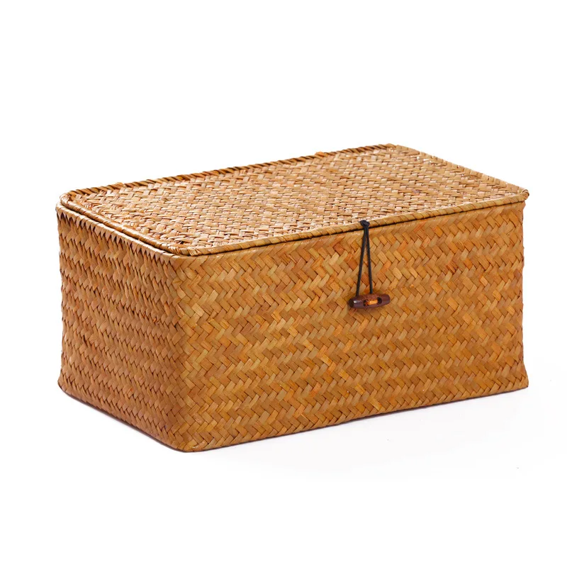 

100 Percent Handmade Sea grass Storage Baskets Desk Top Storage Boxes For Cosmetic Hand Woven Organizers With Lids