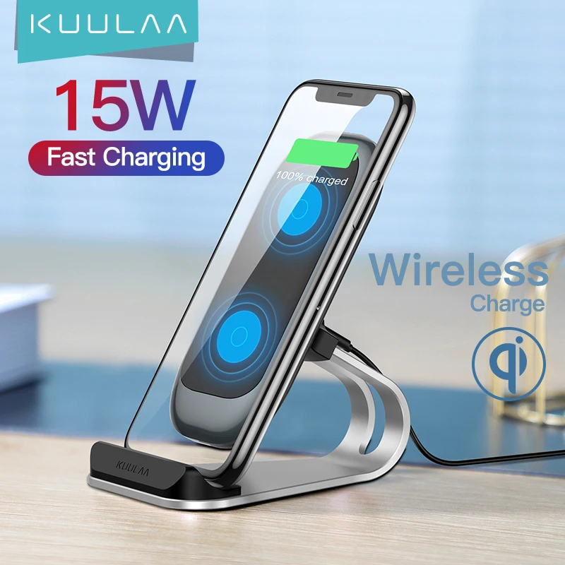 

Kuulaa Stock Wholesale Qi Standard Portable 15W Dual Coil Quick Charging Mobile Phone Wireless Charger Stand For iPhone/Samsung