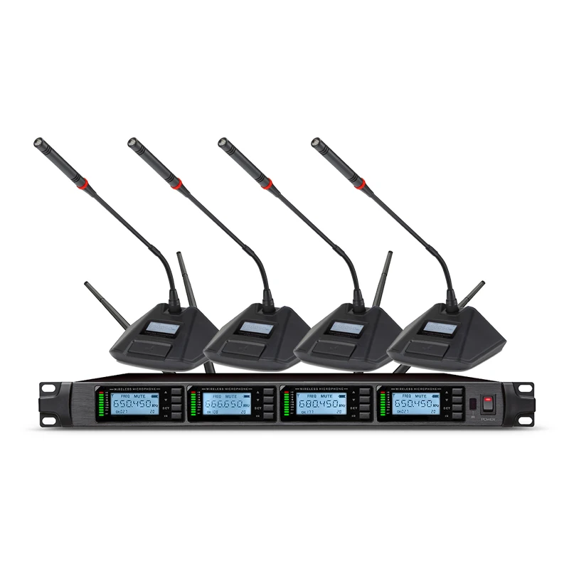 

St-8004 one drag four wireless conference microphone, the sound quality is clear and bright, using level 23 electronic volume co