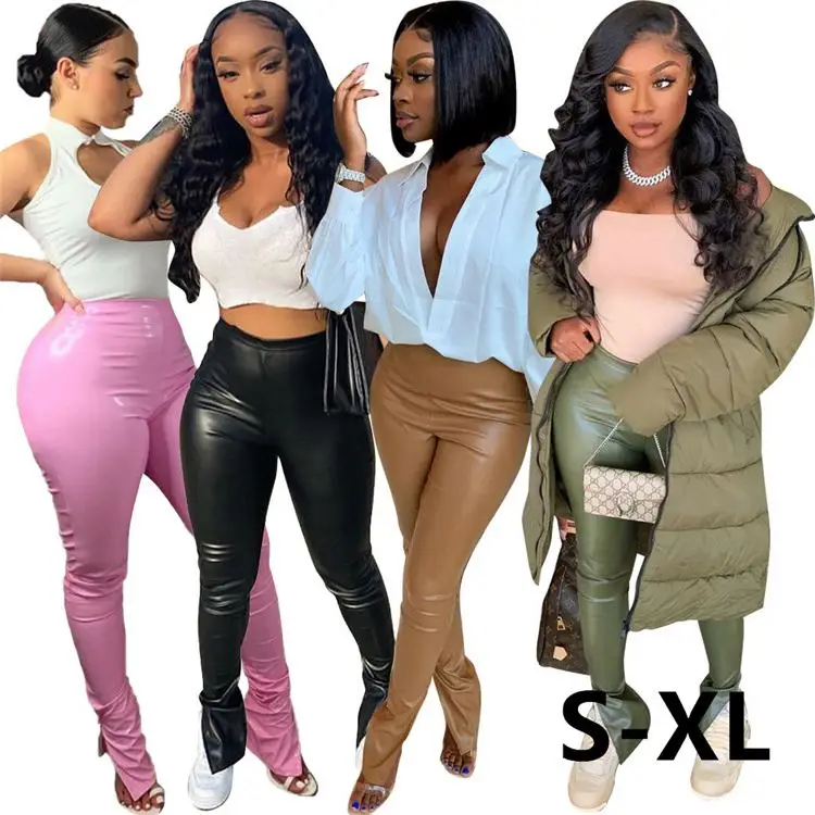 

Highwaist Plus Size Black Green Burgundy White Brown Bodycon Skinny Shiny Split Faux Pu Matte High Waisted Orange Leather Pants, Picture