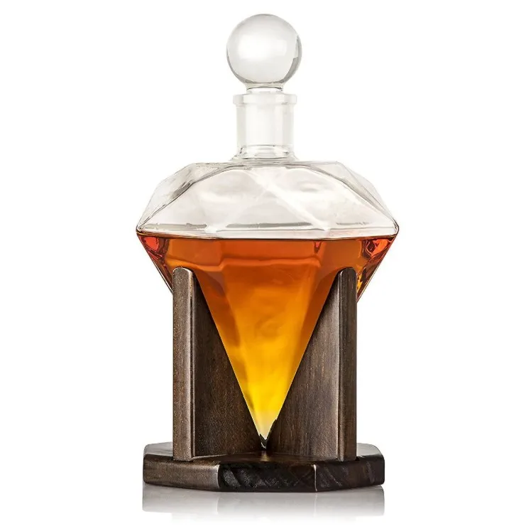 

Hand made heart shape diamond whiskey decanter set with wooden holder, Clear