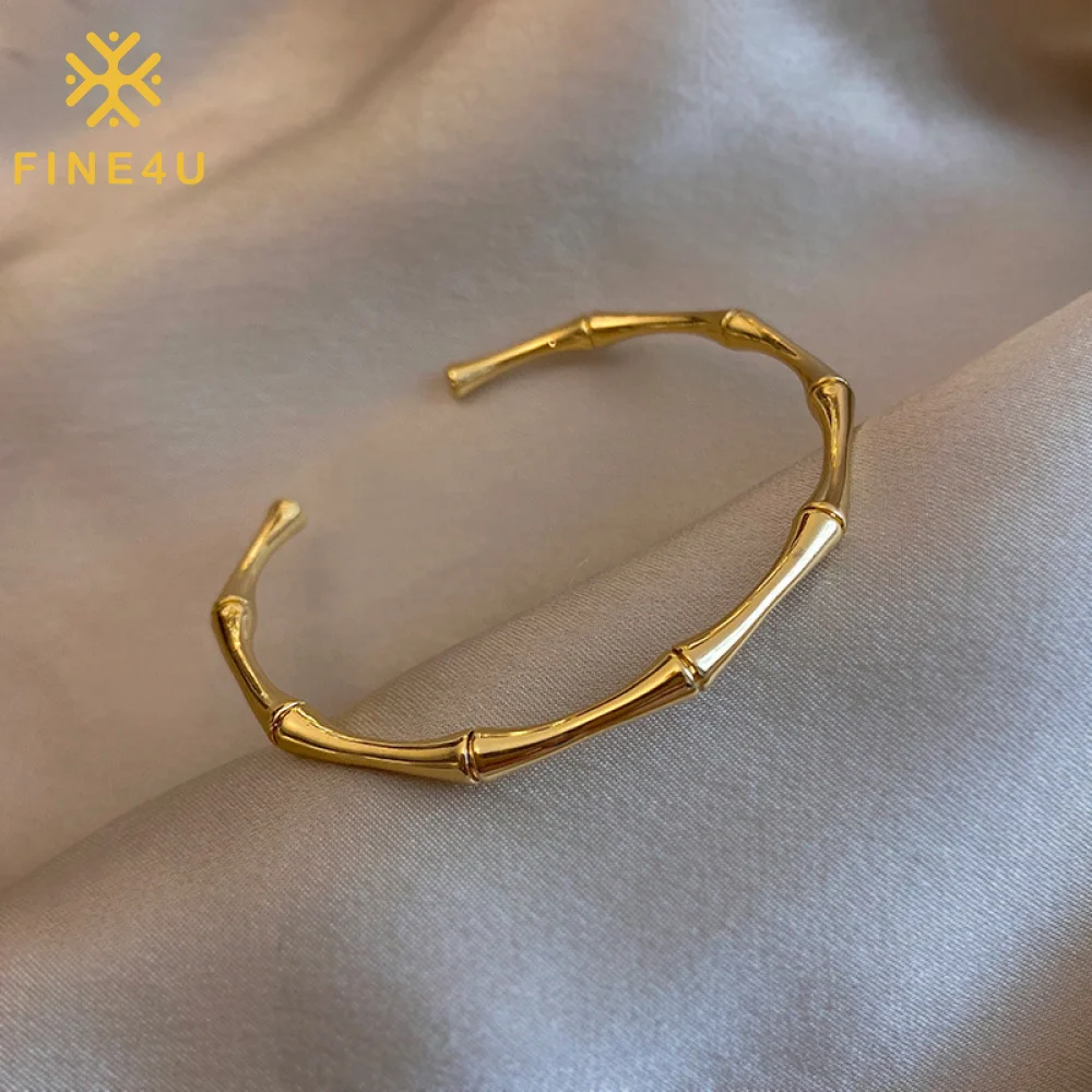

New Trendy Simple Fashion 18K Gold Bamboo Stainless Steel Cuff Bracelet Bangles Jewelry Women
