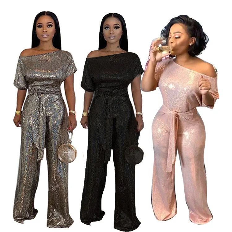 

Q78-trendy elegant off shoulder sequin glitter jumpsuit women 2021 jumpsuits, Picture shown