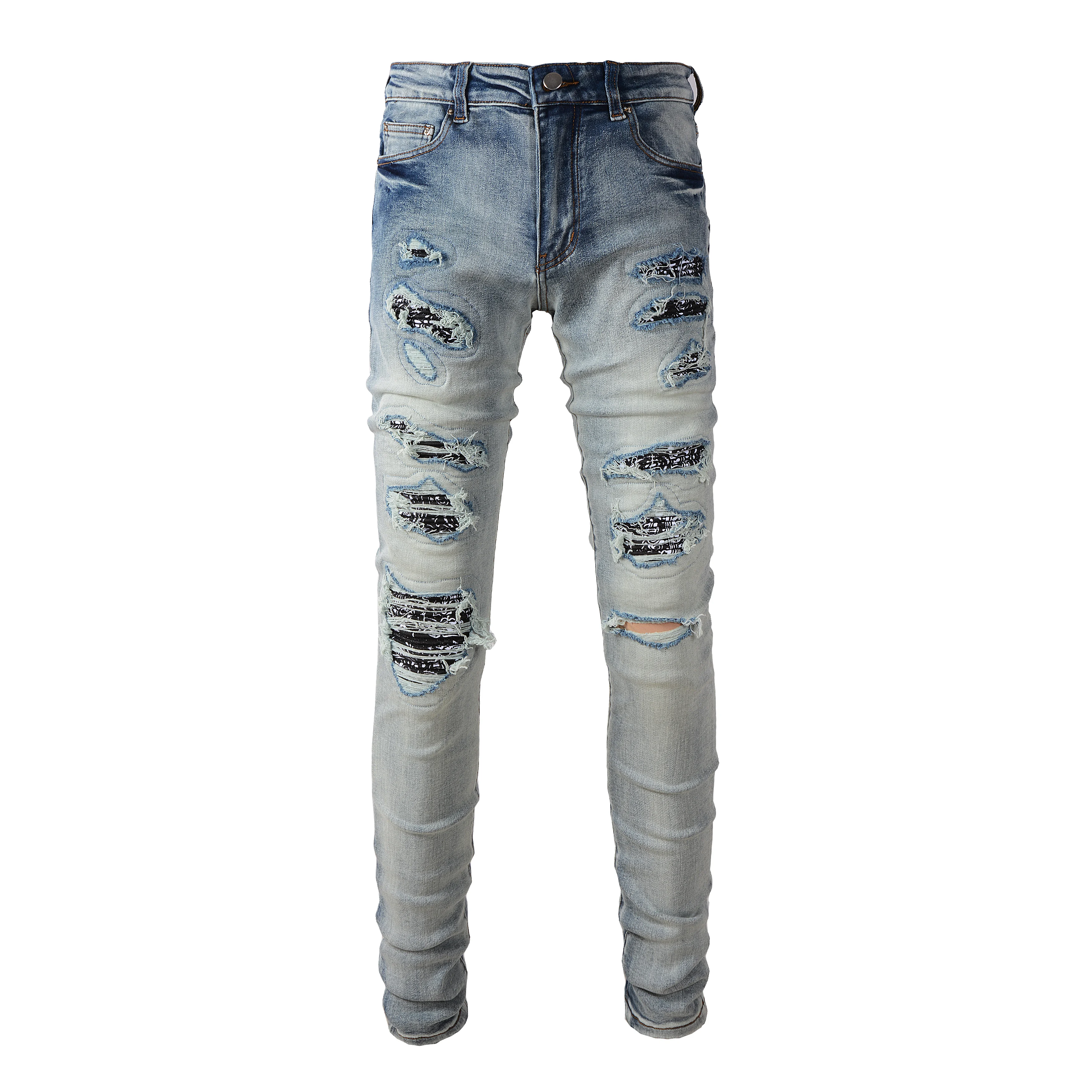 Rts For Drop shipping 6677  bandana  patched Jean Fashion Designer Slim Skinny Denim Men Jeans