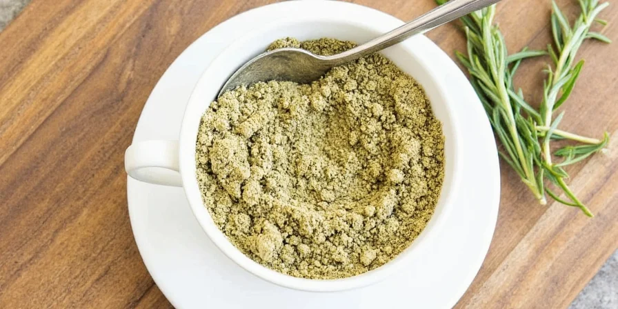 Kitchen spices including powdered rosemary on a wooden table