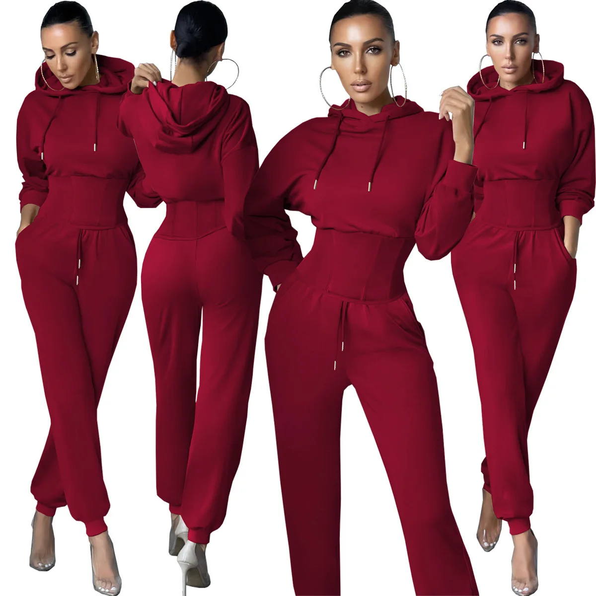 

Fall Set 2021 Fashion Long Sleeve Plain Casual Elegant Blank Corset Hooded Sweatshirt Suit Women Two Piece Outfits Set, Picture