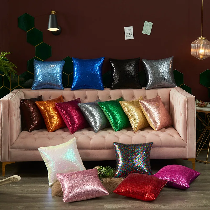 

Multi-Size Glitter Sequin Cushion Cover Satin Sparkling Throw Pillow Case Sham Pattern Zipper Pillowslip Pillowcase for Decor