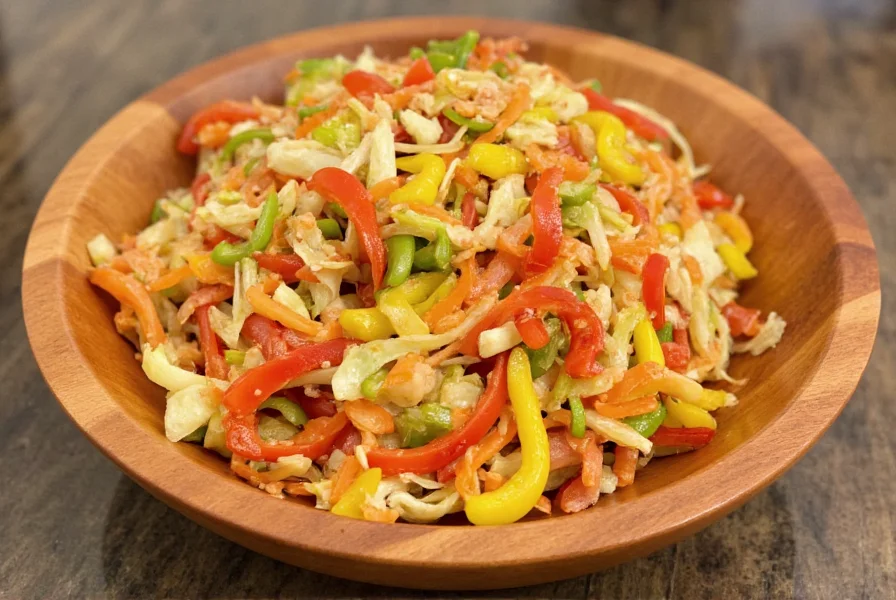 Colorful pepper slaw in a wooden bowl with red, yellow, and green bell peppers mixed with cabbage and carrots
