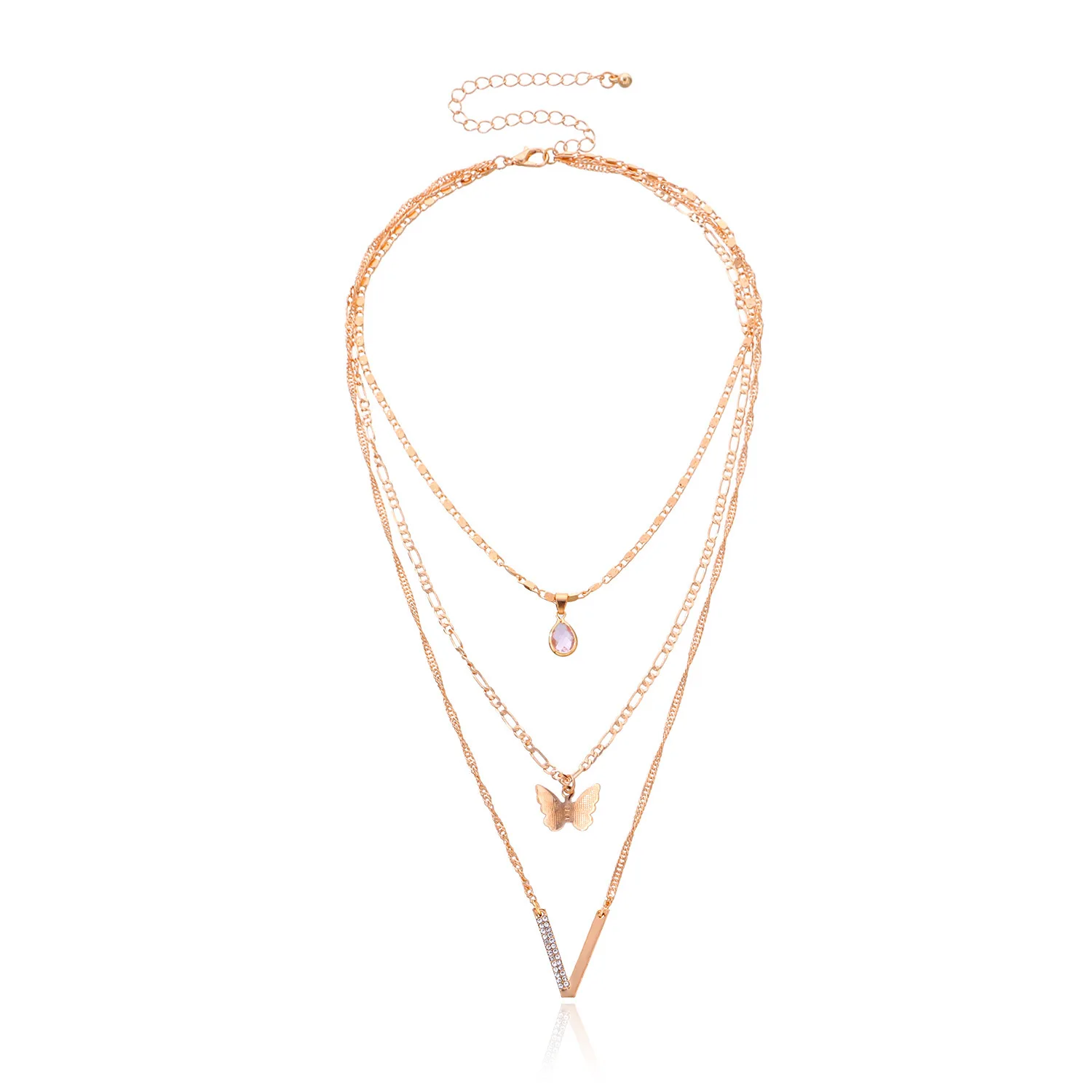 

Multilayer Necklace with Diamond V-shaped Butterfly Drop Shape Pendant