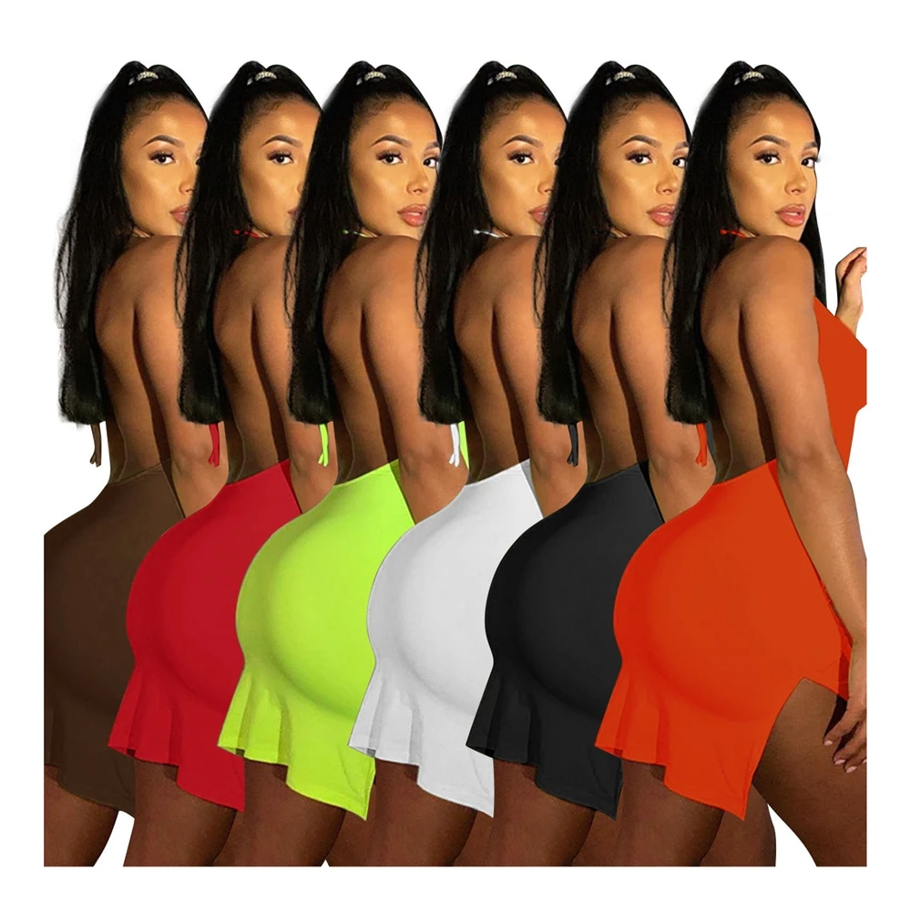 

Wholesale women clothes summer sexy club dresses new solid backless split halter mini dress, Customized color/as show