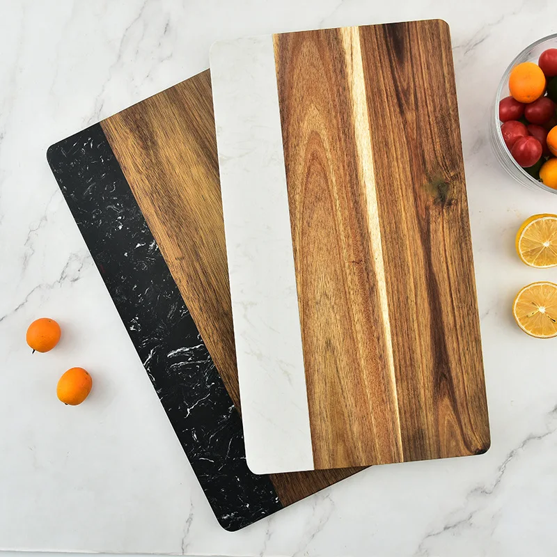 

Wholesale Kitchen Rectangle Cheese Bread Acacia Wooden and Marble Cutting Board Crumb Tray Chopping Block Cutting Board