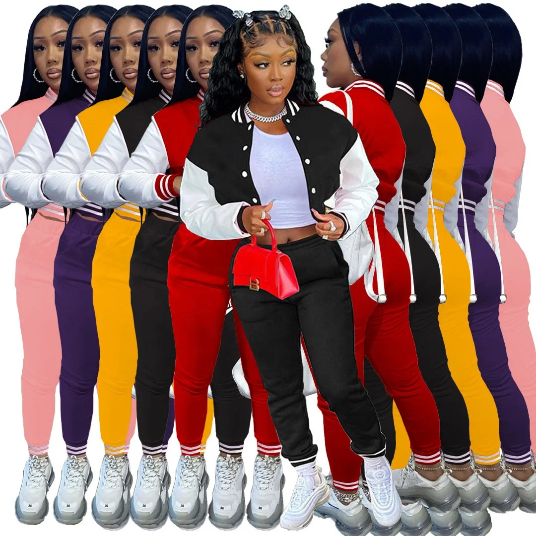 

2022 Womens Clothing Two Piece Pants Set Patchwork Letterman Bomber Jacket Baseball Uniform Set Fleece Tracksuit Women SweatSuit