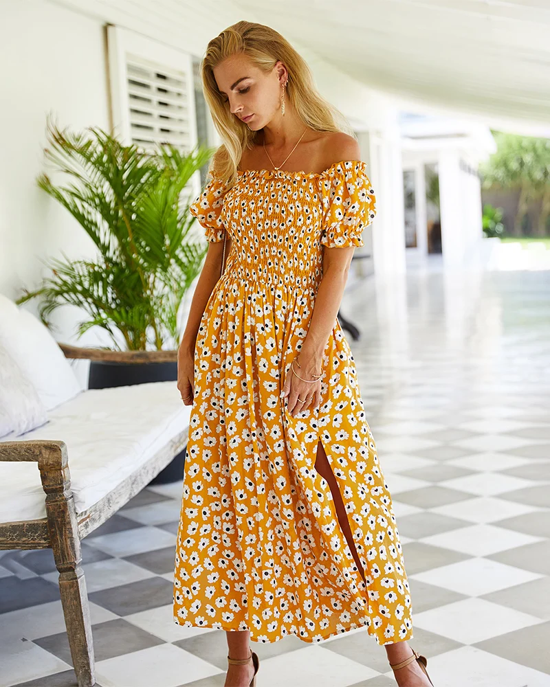 

2021Women's Casual Dresses Women Lady Elegant Sexy Off Shoulder Summer Long Floral Beach Sun Dress Amazon Hot Selling