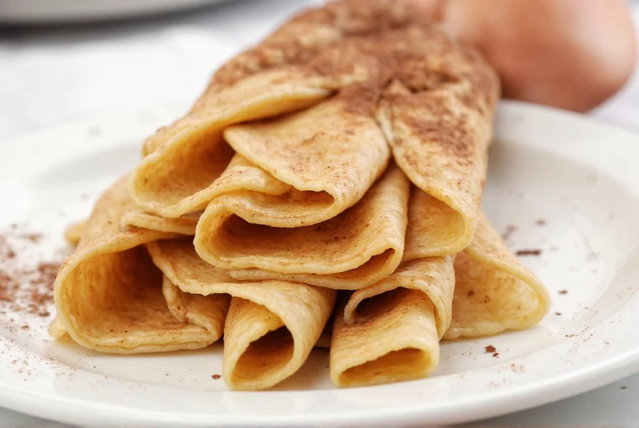 Cinnamon crepes stacked with a drizzle of syrup
