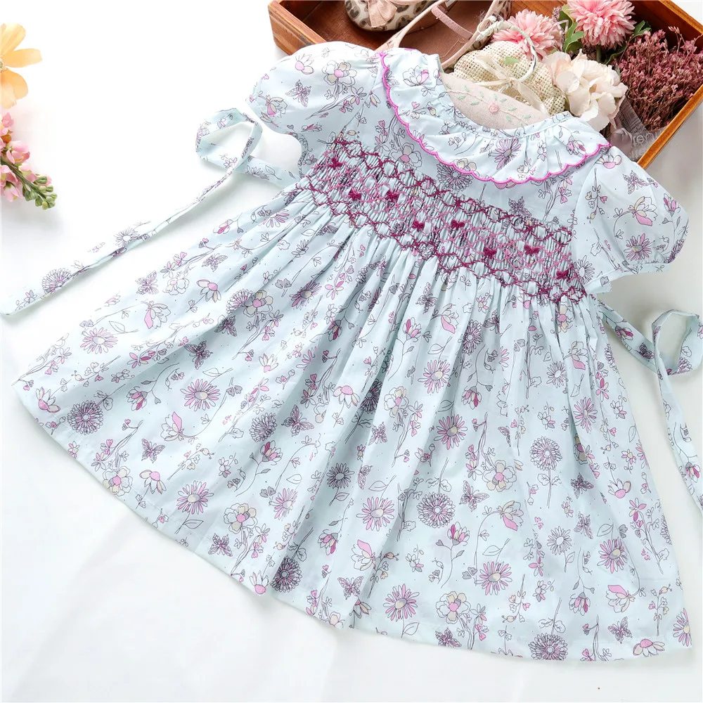 

C042171 summer flower floral pink blue yellow toddler baby girl's dresses smocked clothes hand made cotton wholesale